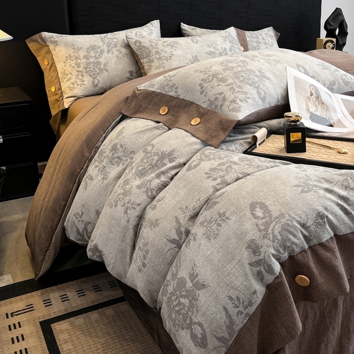 91家纺网 家纺一手货源 找家纺 圣比熊 2025新款A类原麻纽扣四件套加厚被套床单床笠宿舍双人床仿亚麻套件 古堡花园-咖