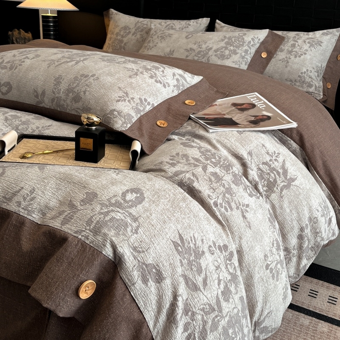 91家纺网 家纺一手货源 找家纺 圣比熊 2025新款A类原麻纽扣四件套加厚被套床单床笠宿舍双人床仿亚麻套件 古堡花园-咖