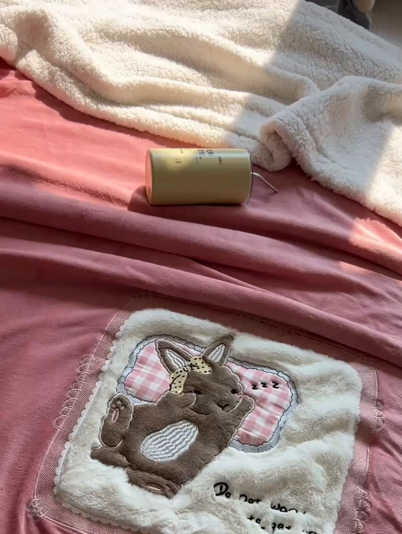 91家纺网 家纺一手货源 找家纺 子钦家纺 2025新款秋冬加厚牛奶绒羊羔绒卡通贴布绣包边毛毯（第二波） 睡觉兔-豆沙