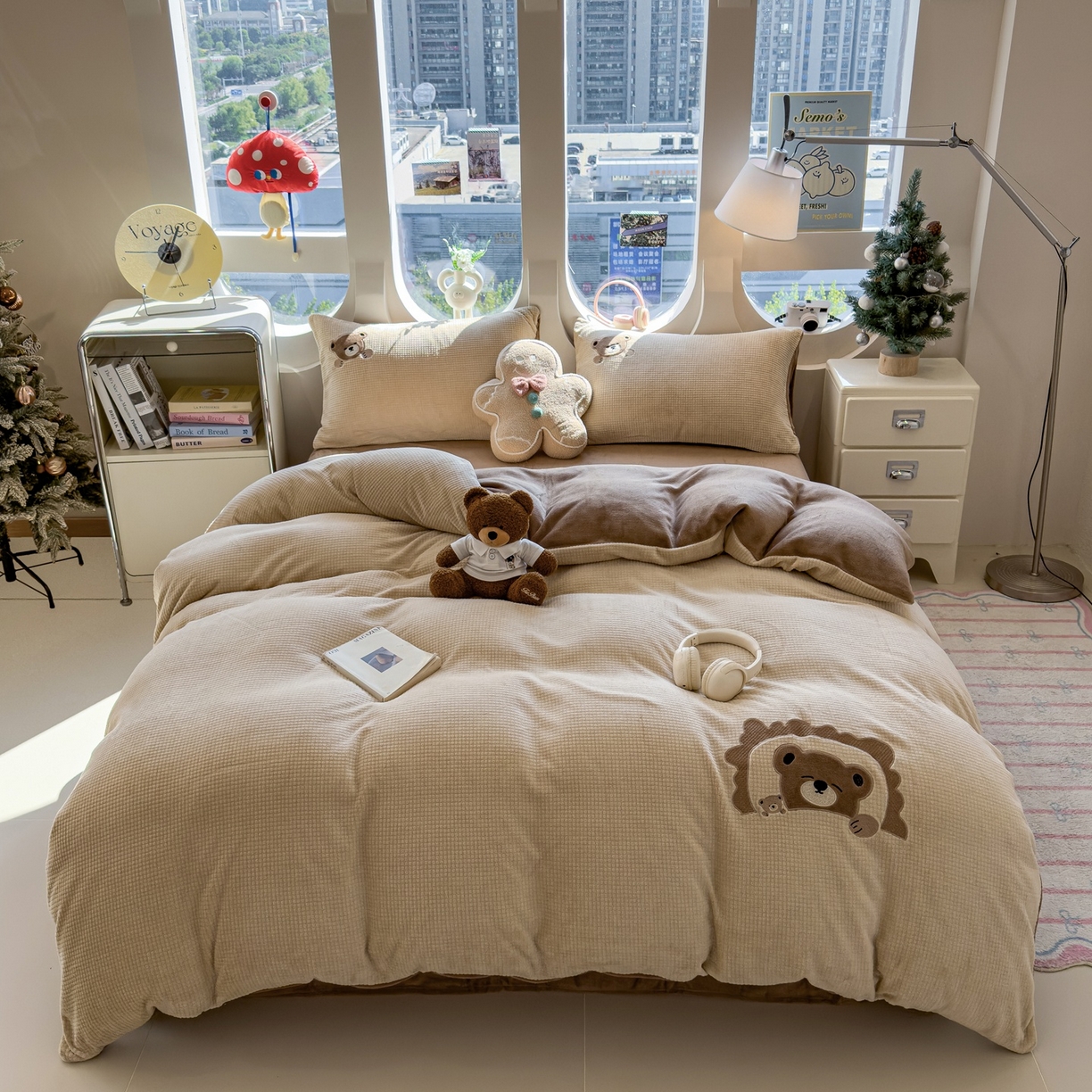 凯罗 2025秋冬牛奶绒绣花四件套 贪睡小熊