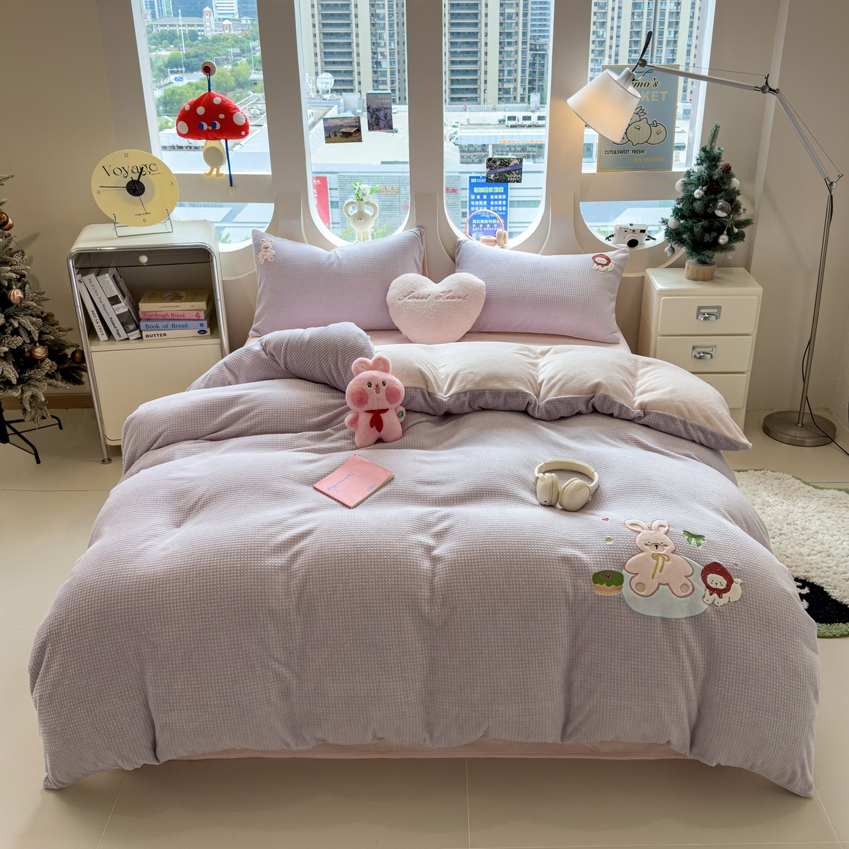 凯罗 2025秋冬牛奶绒绣花四件套 萌萌兔与小花狗