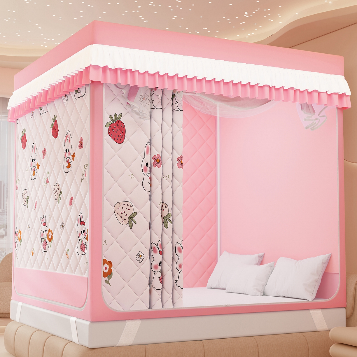 91家纺网 家纺一手货源 找家纺 浪幔纱蚊帐 2025新款卡通印花款夹棉蚊帐 草莓小兔