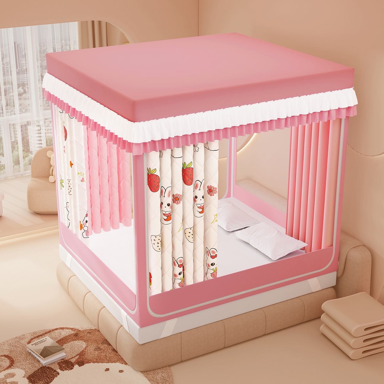 91家纺网 家纺一手货源 找家纺 浪幔纱蚊帐 2025新款卡通印花款夹棉蚊帐 草莓小兔