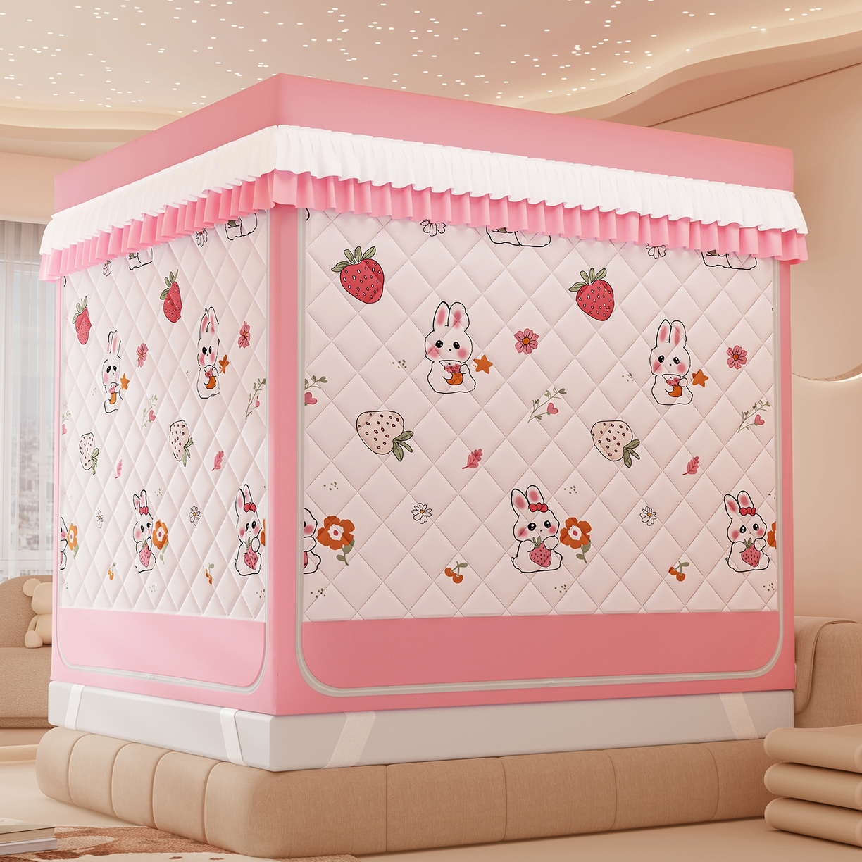 91家纺网 家纺一手货源 找家纺 浪幔纱蚊帐 2025新款卡通印花款夹棉蚊帐 草莓小兔