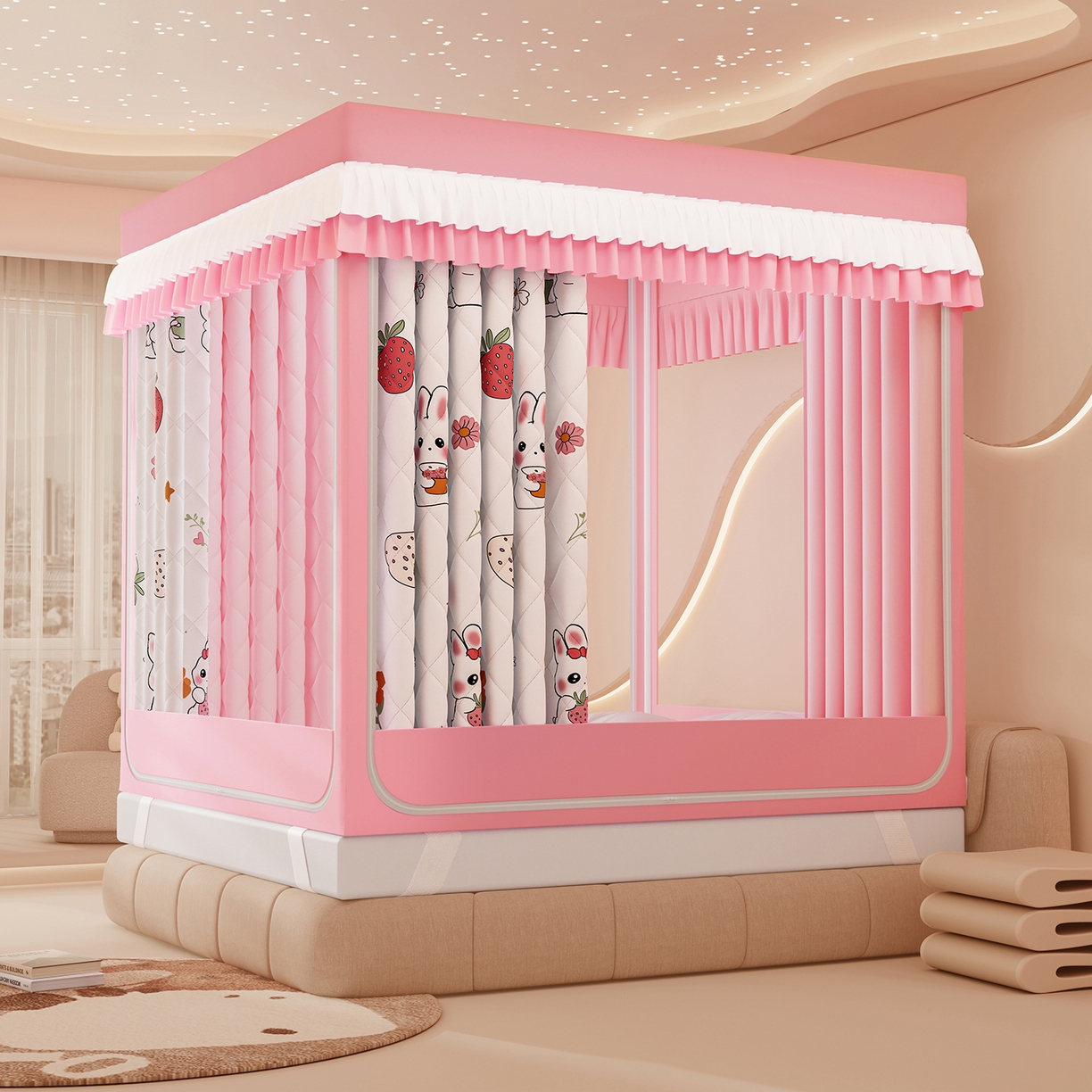 91家纺网 家纺一手货源 找家纺 浪幔纱蚊帐 2025新款卡通印花款夹棉蚊帐 草莓小兔