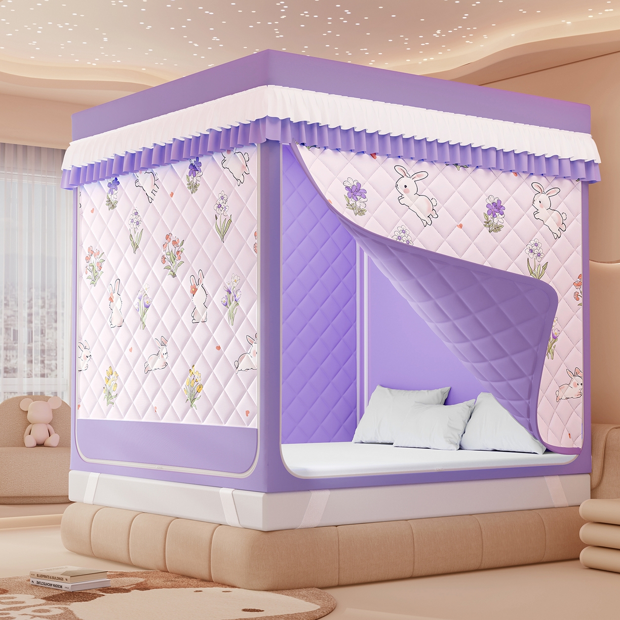 浪幔纱蚊帐 2025新款卡通印花款夹棉蚊帐 花丛小兔