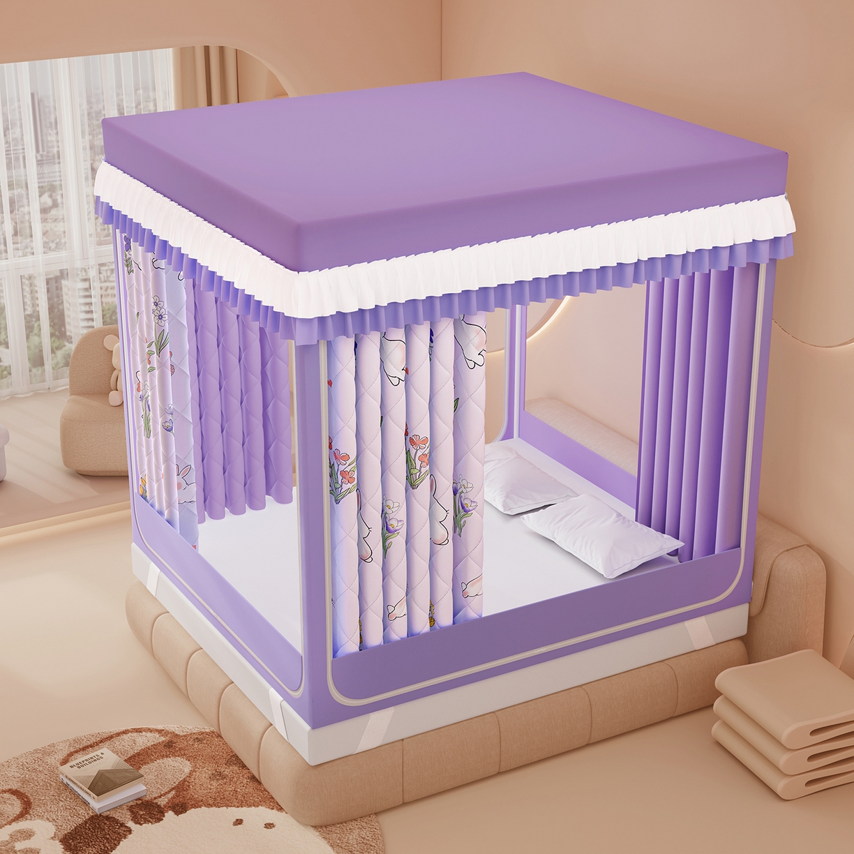 91家纺网 家纺一手货源 找家纺 浪幔纱蚊帐 2025新款卡通印花款夹棉蚊帐 花丛小兔