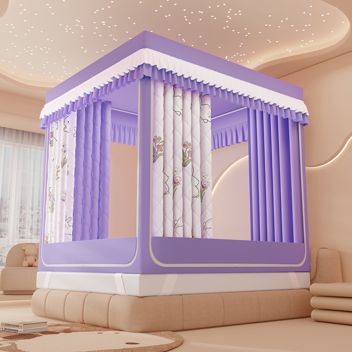 91家纺网 家纺一手货源 找家纺 浪幔纱蚊帐 2025新款卡通印花款夹棉蚊帐 花丛小兔