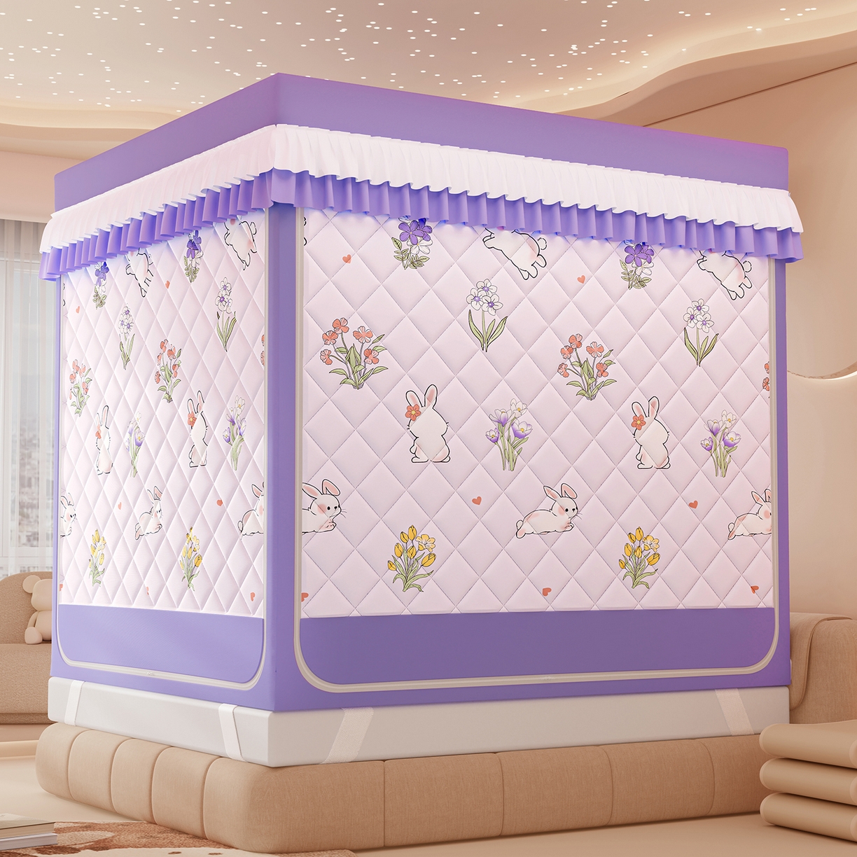 91家纺网 家纺一手货源 找家纺 浪幔纱蚊帐 2025新款卡通印花款夹棉蚊帐 花丛小兔