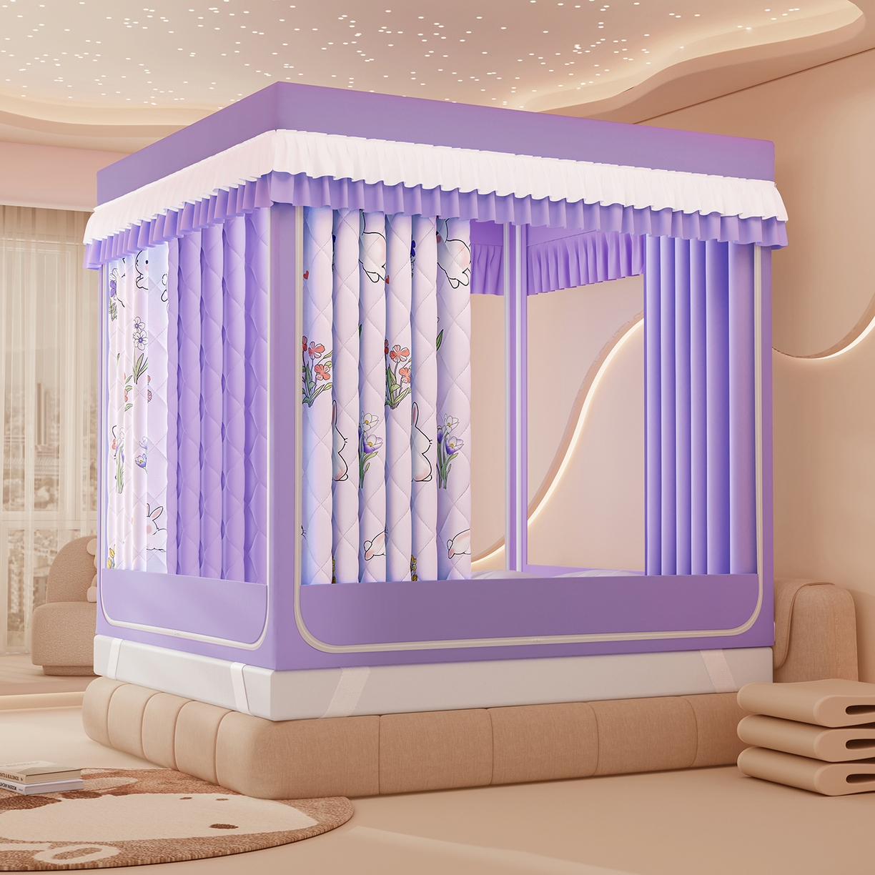 91家纺网 家纺一手货源 找家纺 浪幔纱蚊帐 2025新款卡通印花款夹棉蚊帐 花丛小兔