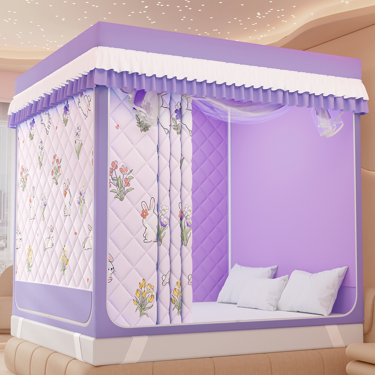 91家纺网 家纺一手货源 找家纺 浪幔纱蚊帐 2025新款卡通印花款夹棉蚊帐 花丛小兔