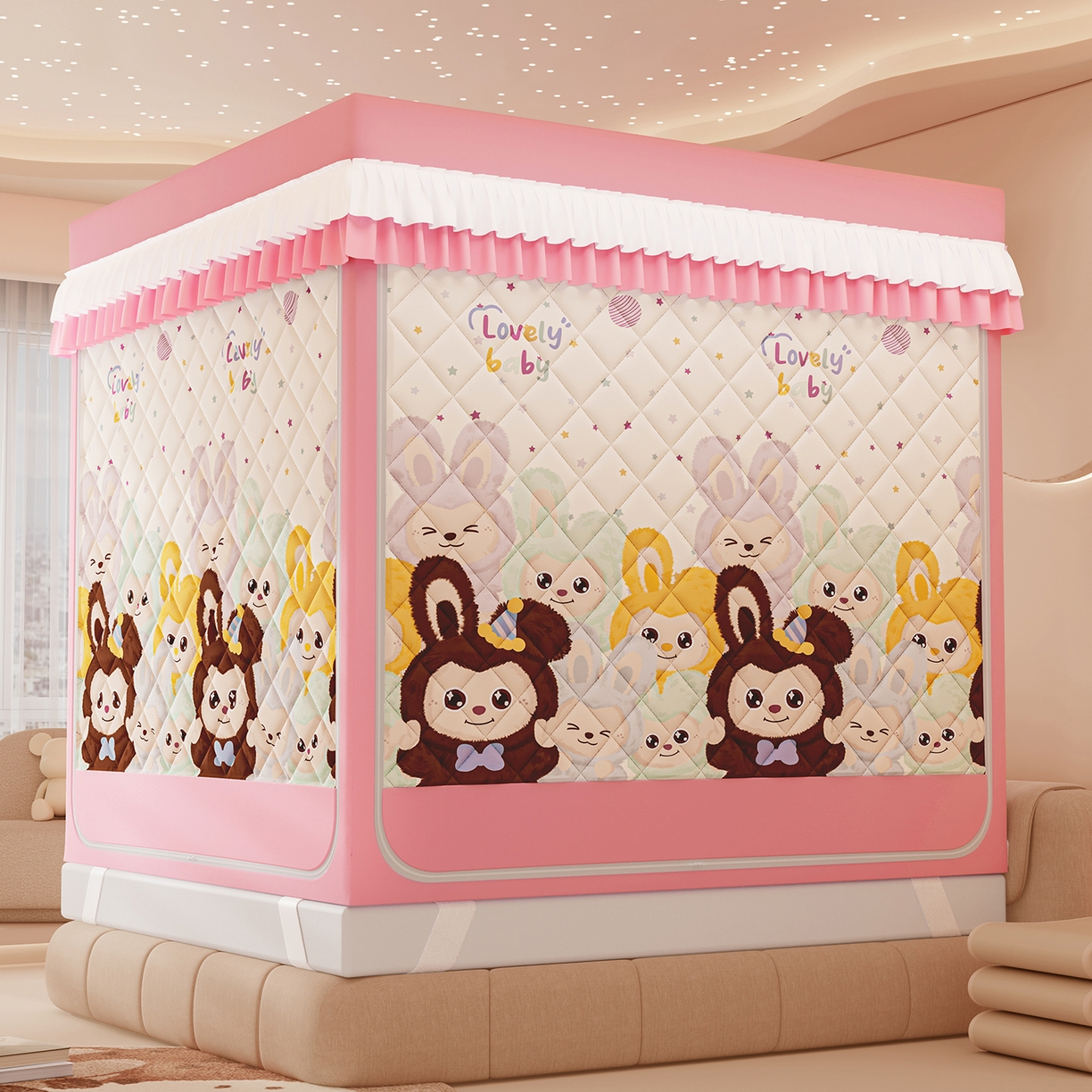 91家纺网 家纺一手货源 找家纺 浪幔纱蚊帐 2025新款卡通印花款夹棉蚊帐 可爱乐园