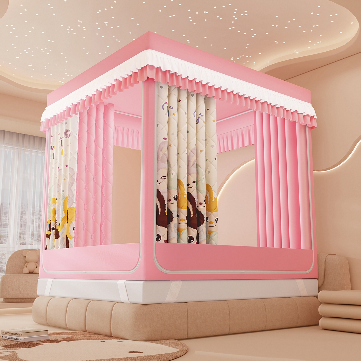 91家纺网 家纺一手货源 找家纺 浪幔纱蚊帐 2025新款卡通印花款夹棉蚊帐 可爱乐园