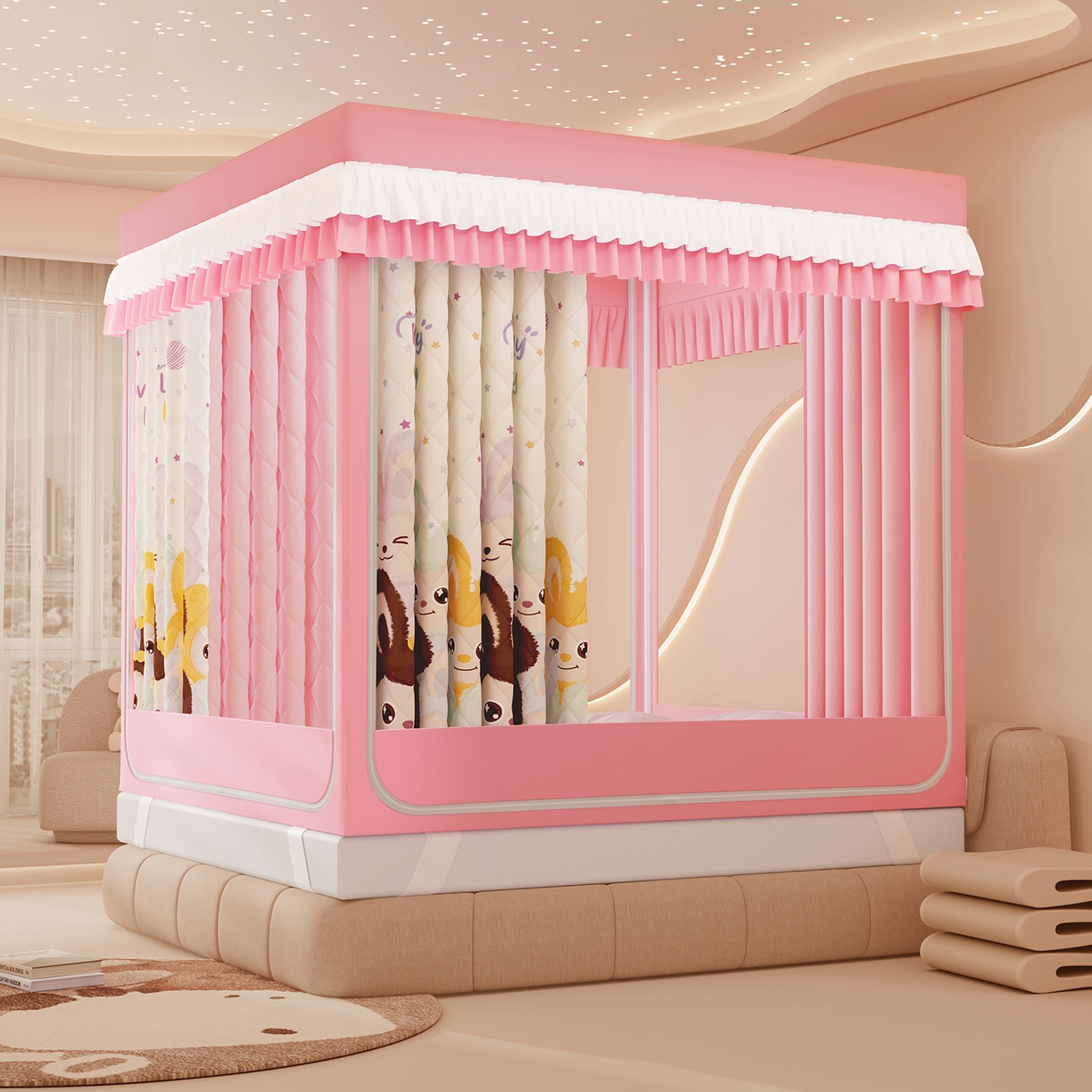 91家纺网 家纺一手货源 找家纺 浪幔纱蚊帐 2025新款卡通印花款夹棉蚊帐 可爱乐园