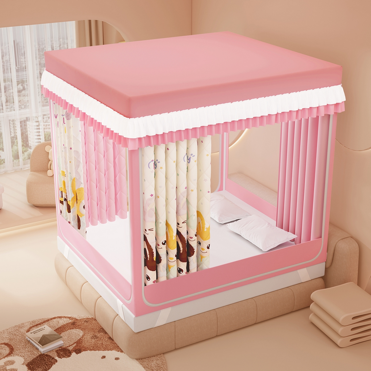 91家纺网 家纺一手货源 找家纺 浪幔纱蚊帐 2025新款卡通印花款夹棉蚊帐 可爱乐园