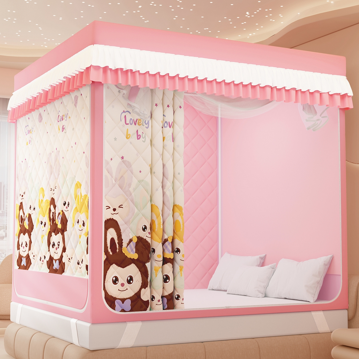 91家纺网 家纺一手货源 找家纺 浪幔纱蚊帐 2025新款卡通印花款夹棉蚊帐 可爱乐园