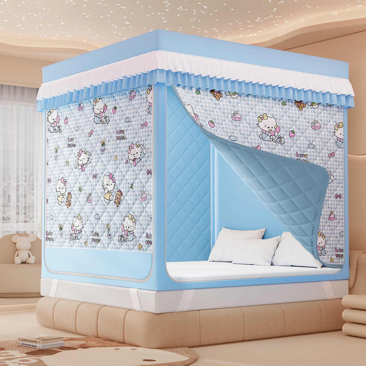 浪幔纱蚊帐 2025新款卡通印花款夹棉蚊帐 快乐萌猫