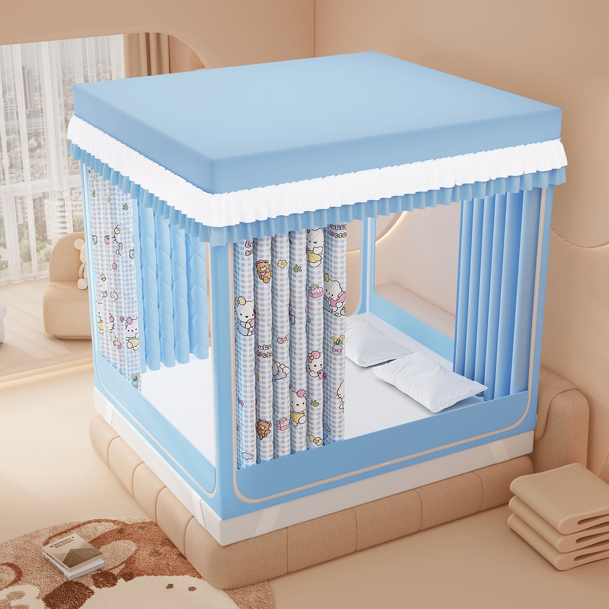 91家纺网 家纺一手货源 找家纺 浪幔纱蚊帐 2025新款卡通印花款夹棉蚊帐 快乐萌猫