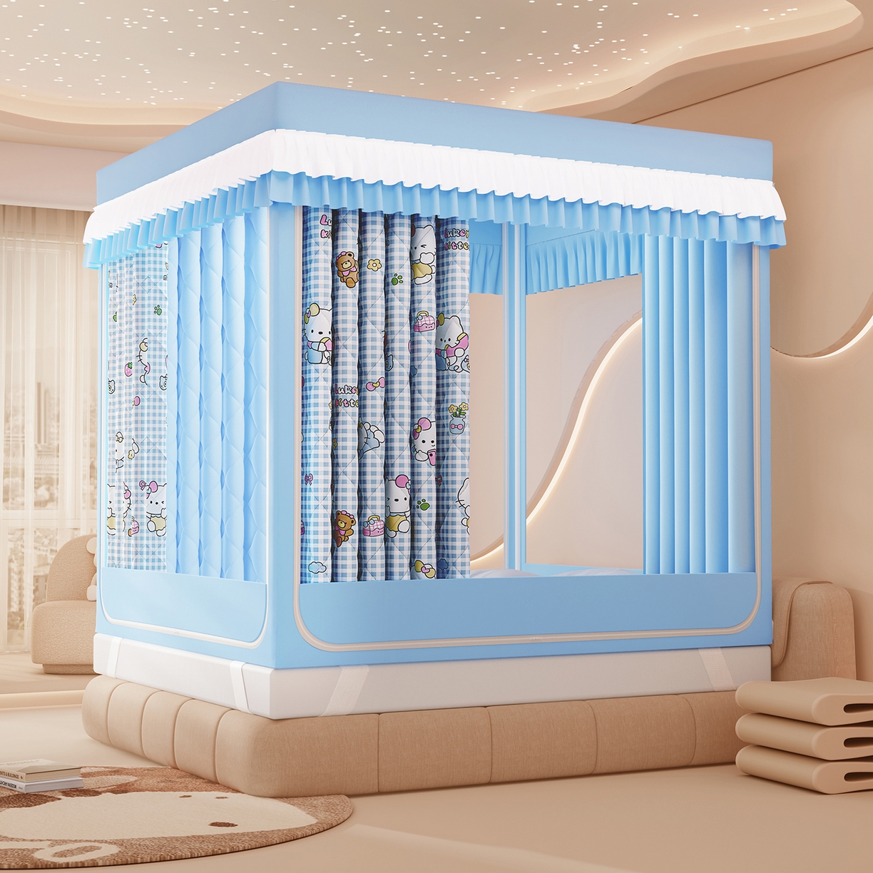 91家纺网 家纺一手货源 找家纺 浪幔纱蚊帐 2025新款卡通印花款夹棉蚊帐 快乐萌猫