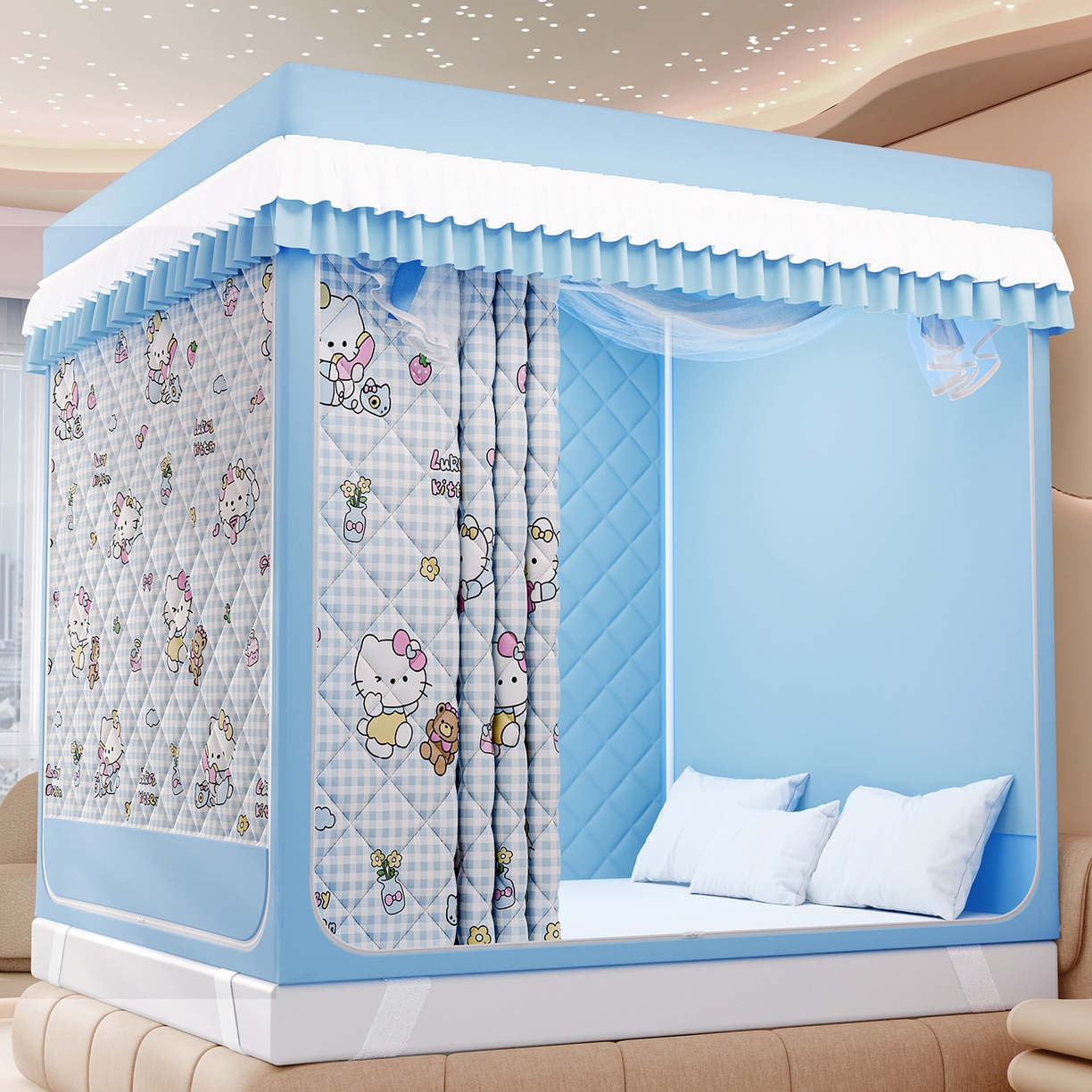 91家纺网 家纺一手货源 找家纺 浪幔纱蚊帐 2025新款卡通印花款夹棉蚊帐 快乐萌猫