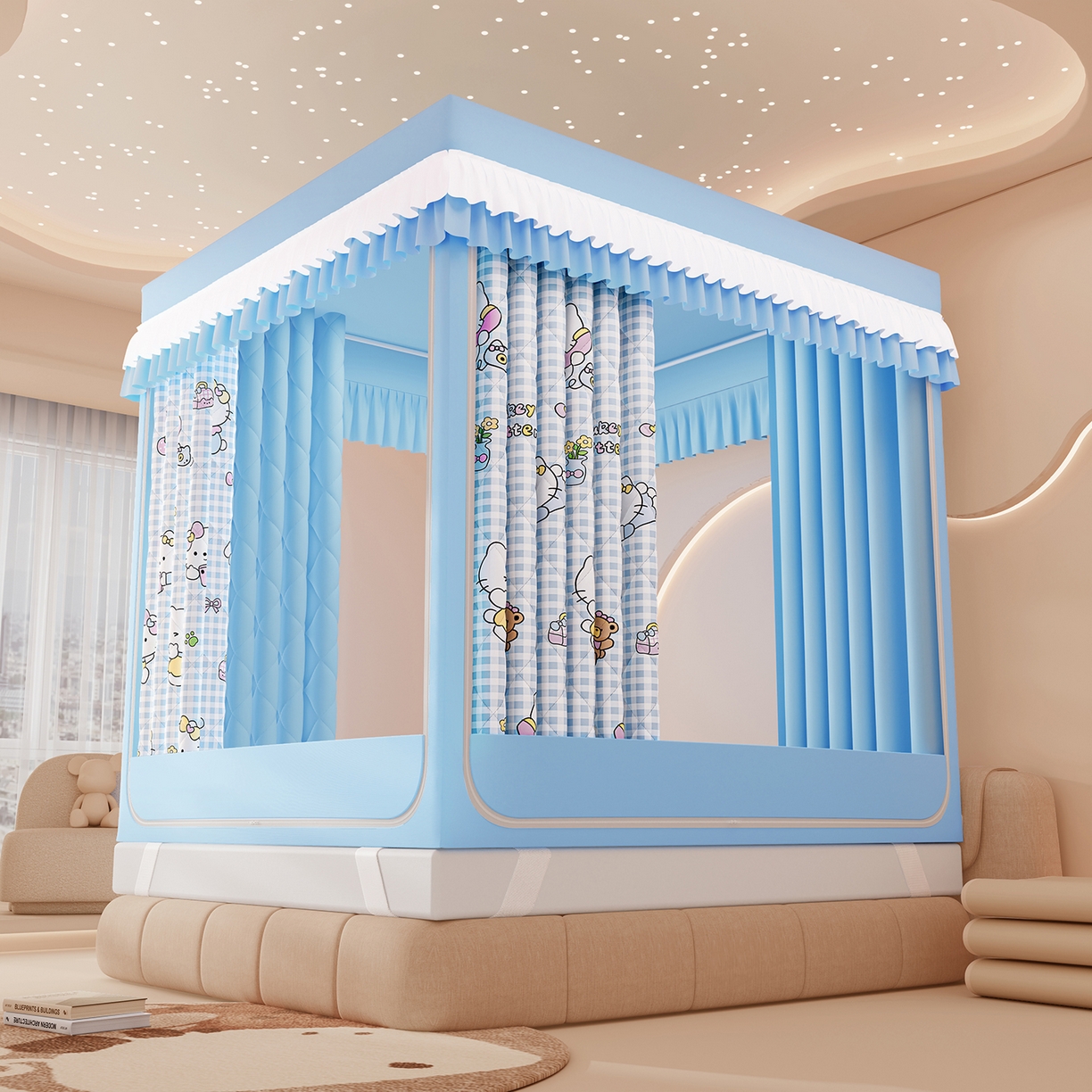 91家纺网 家纺一手货源 找家纺 浪幔纱蚊帐 2025新款卡通印花款夹棉蚊帐 快乐萌猫