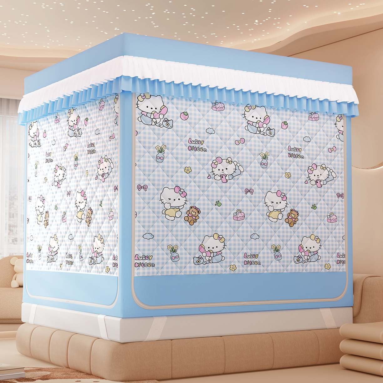 91家纺网 家纺一手货源 找家纺 浪幔纱蚊帐 2025新款卡通印花款夹棉蚊帐 快乐萌猫