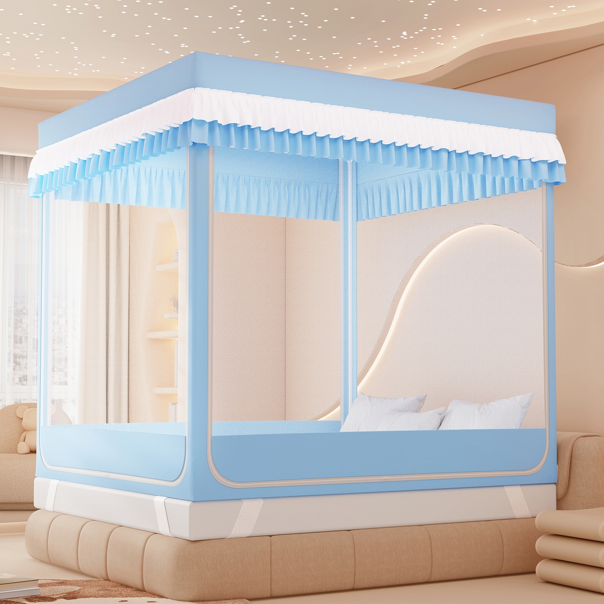 91家纺网 家纺一手货源 找家纺 浪幔纱蚊帐 2025新款卡通印花款夹棉蚊帐 快乐萌猫