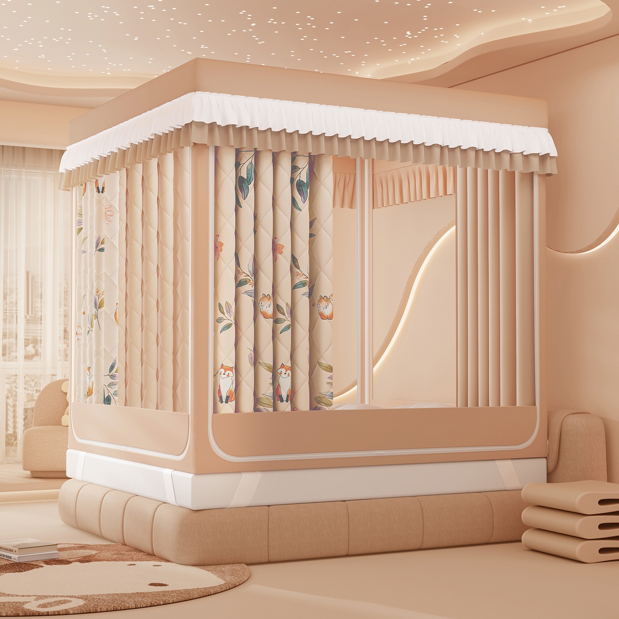 91家纺网 家纺一手货源 找家纺 浪幔纱蚊帐 2025新款卡通印花款夹棉蚊帐 森林灵狐