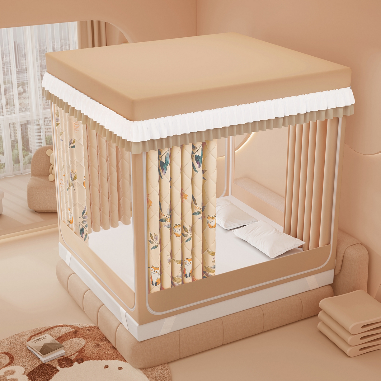 91家纺网 家纺一手货源 找家纺 浪幔纱蚊帐 2025新款卡通印花款夹棉蚊帐 森林灵狐