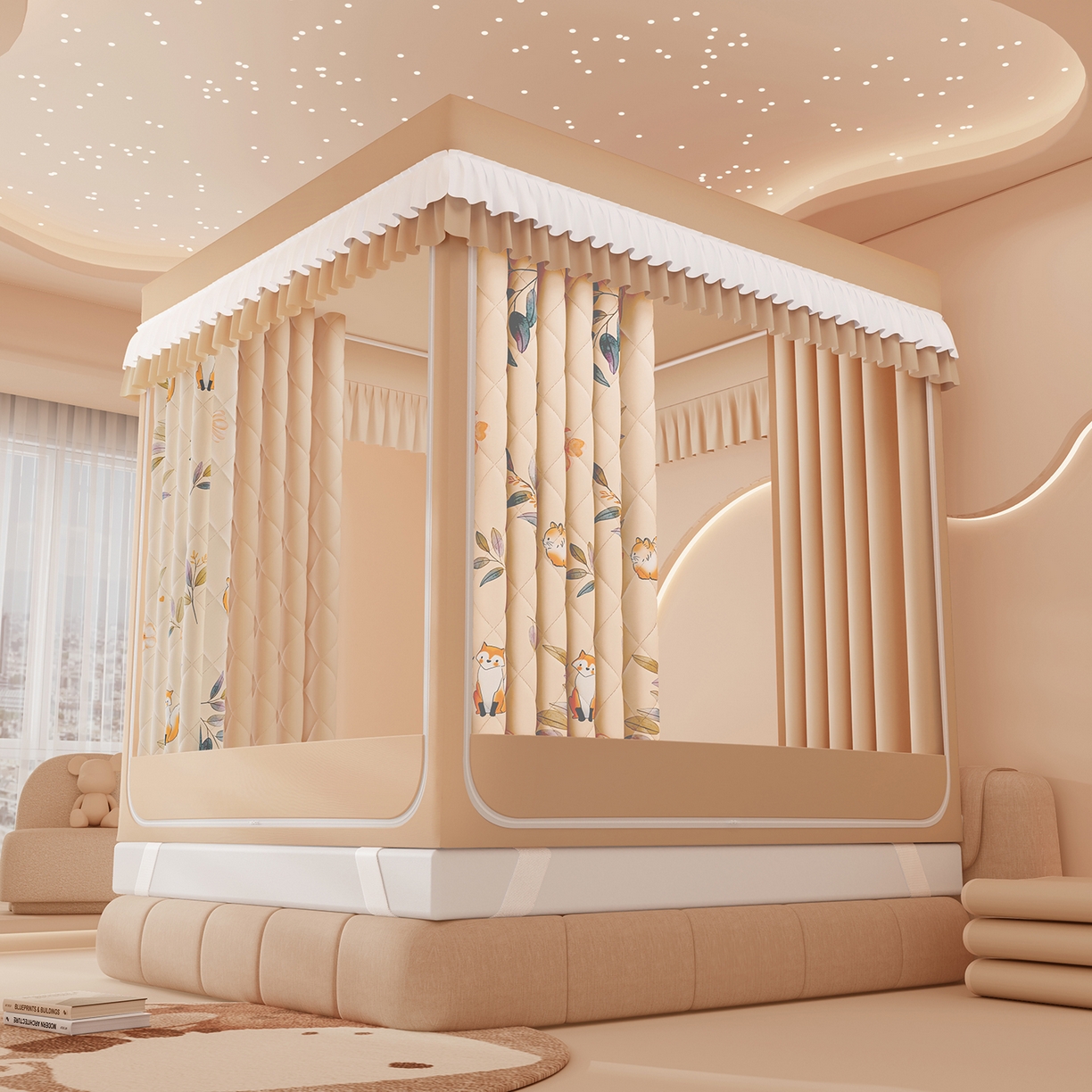 91家纺网 家纺一手货源 找家纺 浪幔纱蚊帐 2025新款卡通印花款夹棉蚊帐 森林灵狐