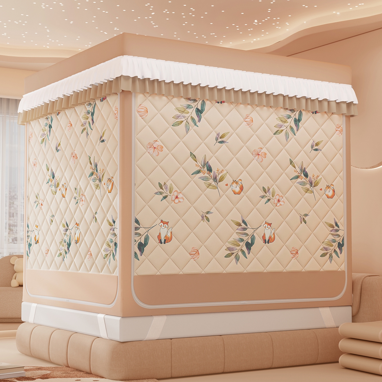 91家纺网 家纺一手货源 找家纺 浪幔纱蚊帐 2025新款卡通印花款夹棉蚊帐 森林灵狐