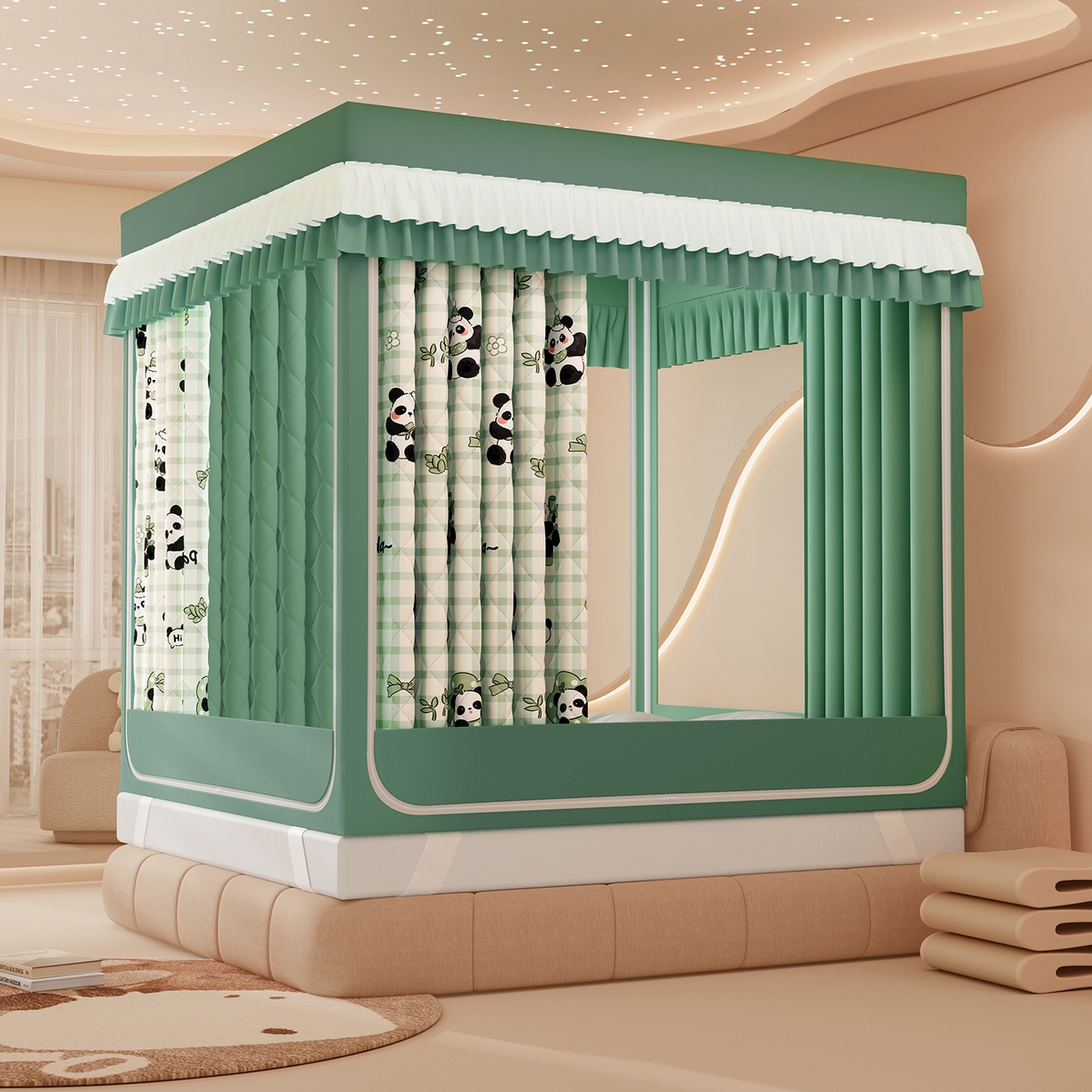 91家纺网 家纺一手货源 找家纺 浪幔纱蚊帐 2025新款卡通印花款夹棉蚊帐 岁岁平安