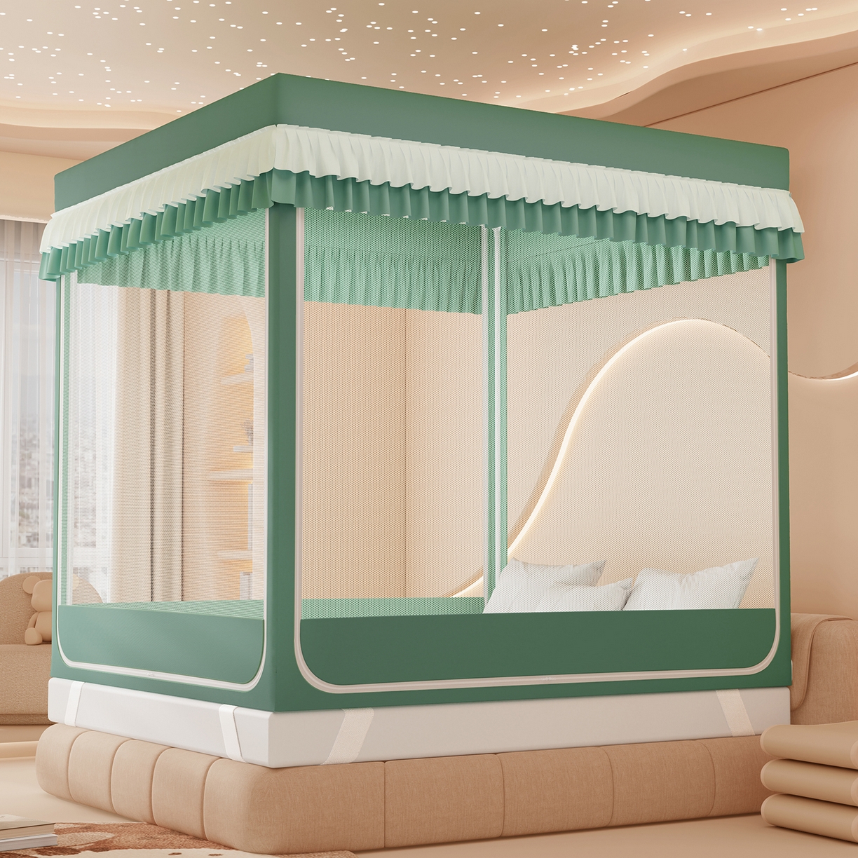 91家纺网 家纺一手货源 找家纺 浪幔纱蚊帐 2025新款卡通印花款夹棉蚊帐 岁岁平安