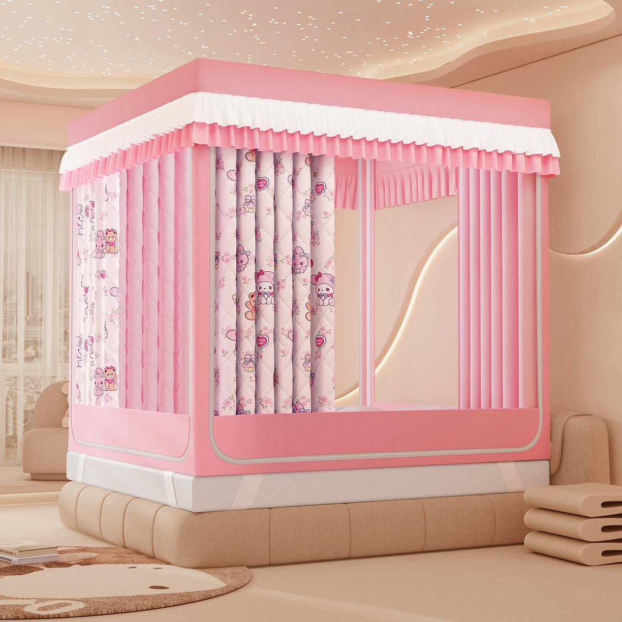 91家纺网 家纺一手货源 找家纺 浪幔纱蚊帐 2025新款卡通印花款夹棉蚊帐 甜心乐蒂