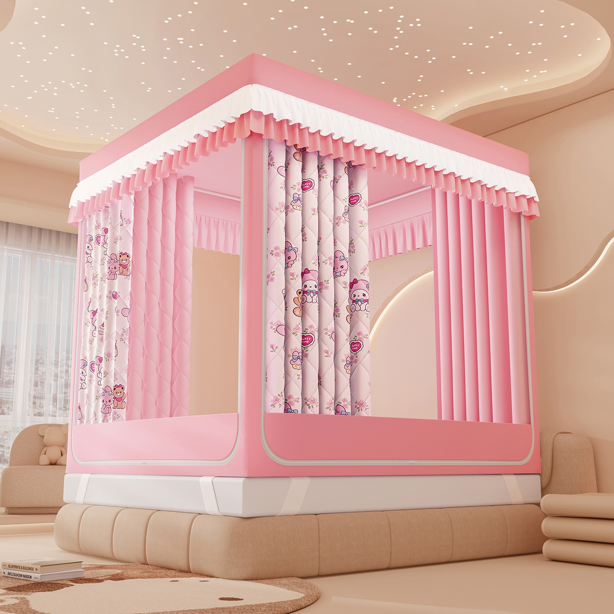 91家纺网 家纺一手货源 找家纺 浪幔纱蚊帐 2025新款卡通印花款夹棉蚊帐 甜心乐蒂