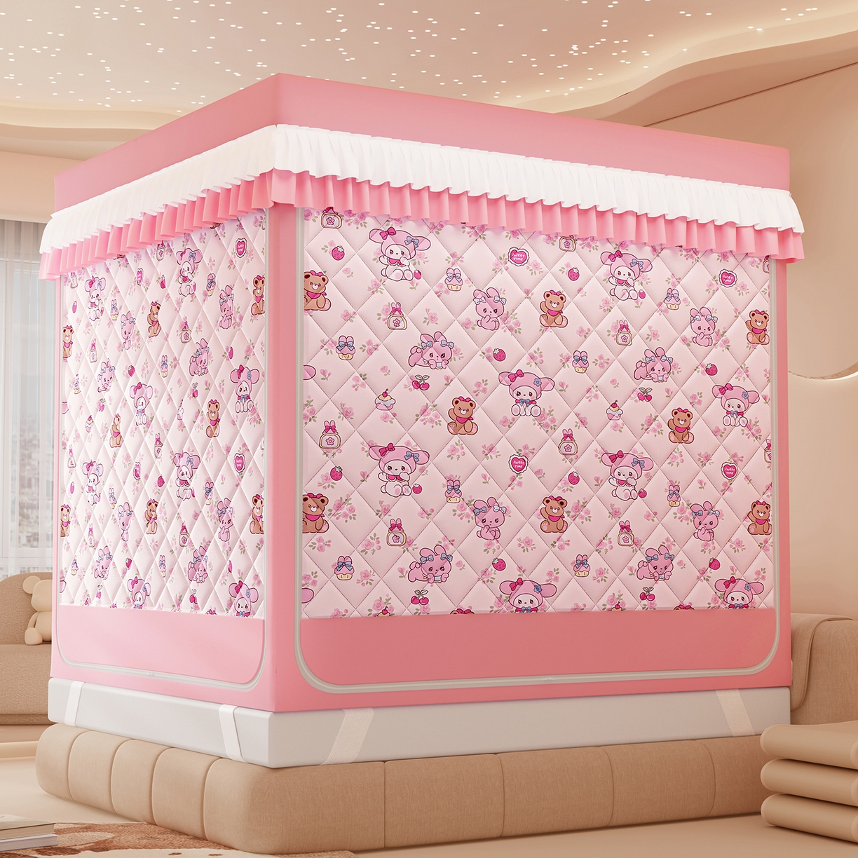 91家纺网 家纺一手货源 找家纺 浪幔纱蚊帐 2025新款卡通印花款夹棉蚊帐 甜心乐蒂