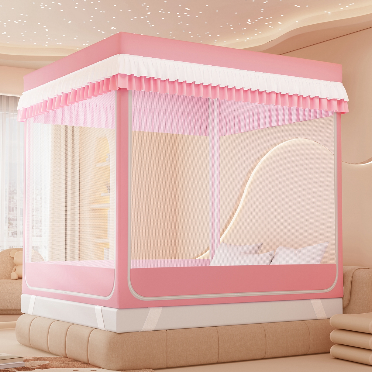 91家纺网 家纺一手货源 找家纺 浪幔纱蚊帐 2025新款卡通印花款夹棉蚊帐 甜心乐蒂