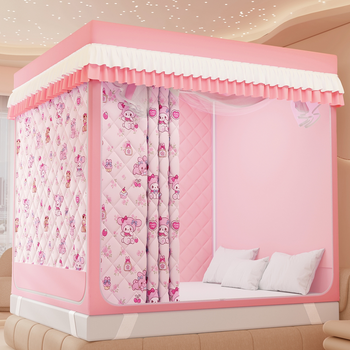 91家纺网 家纺一手货源 找家纺 浪幔纱蚊帐 2025新款卡通印花款夹棉蚊帐 甜心乐蒂