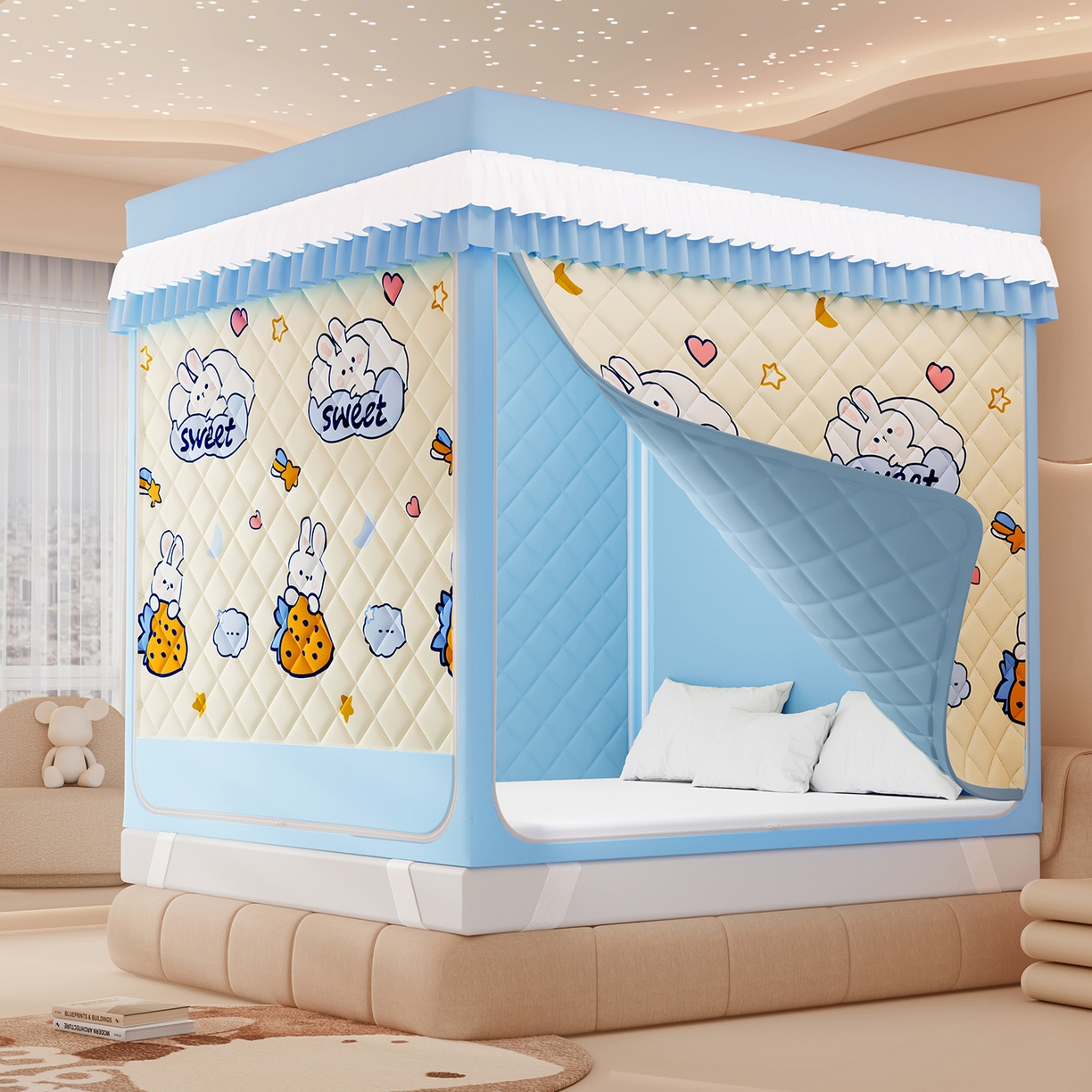 浪幔纱蚊帐 2025新款卡通印花款夹棉蚊帐 星月小兔