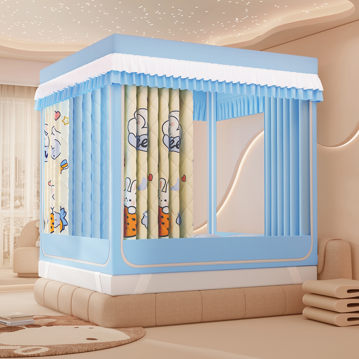 91家纺网 家纺一手货源 找家纺 浪幔纱蚊帐 2025新款卡通印花款夹棉蚊帐 星月小兔