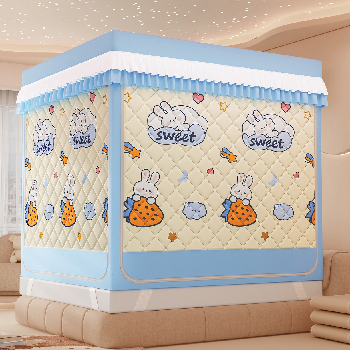 91家纺网 家纺一手货源 找家纺 浪幔纱蚊帐 2025新款卡通印花款夹棉蚊帐 星月小兔