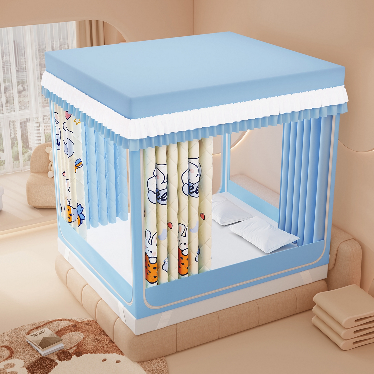 91家纺网 家纺一手货源 找家纺 浪幔纱蚊帐 2025新款卡通印花款夹棉蚊帐 星月小兔