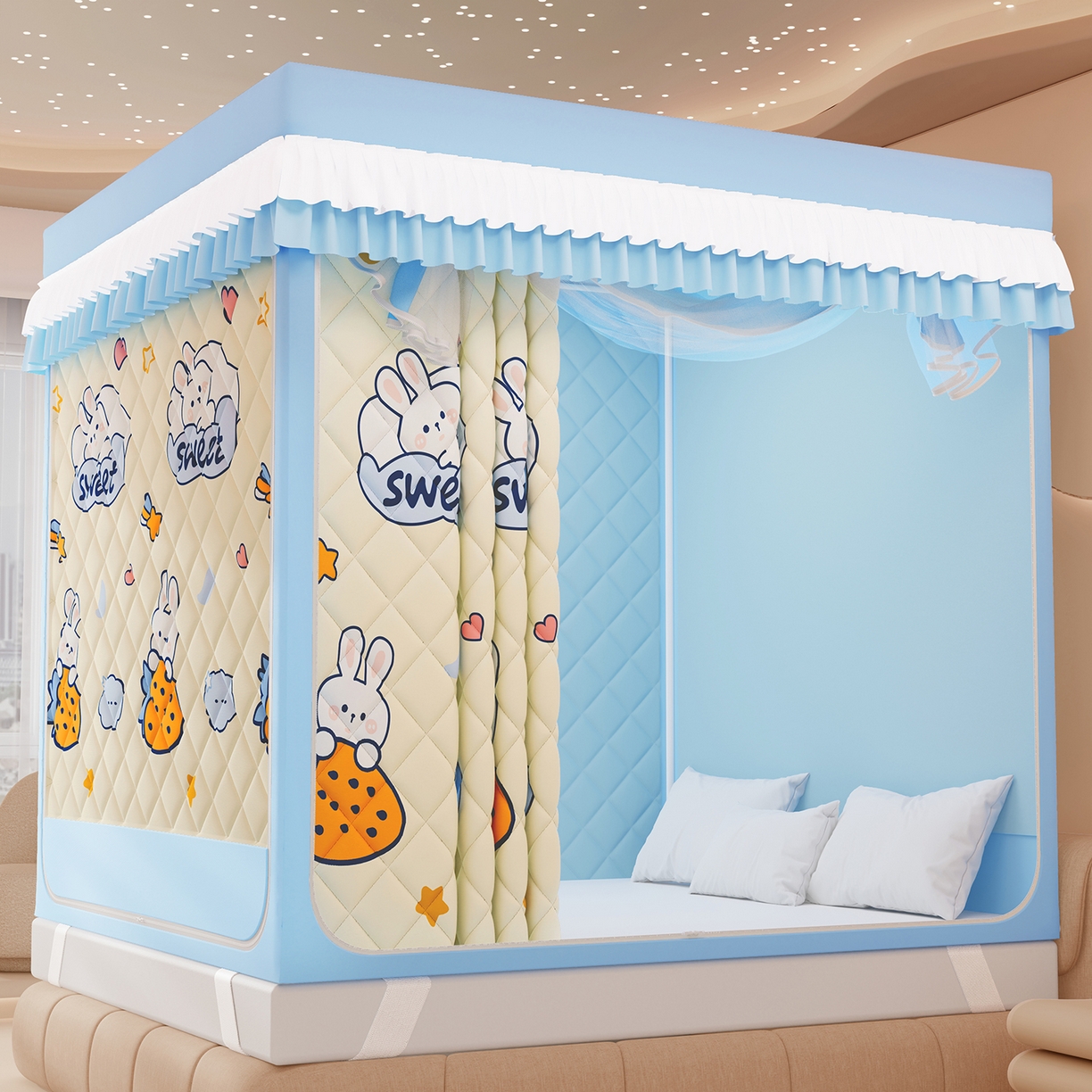 91家纺网 家纺一手货源 找家纺 浪幔纱蚊帐 2025新款卡通印花款夹棉蚊帐 星月小兔