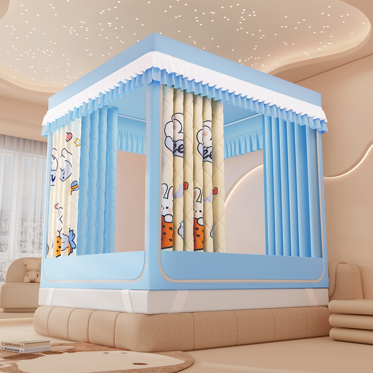 91家纺网 家纺一手货源 找家纺 浪幔纱蚊帐 2025新款卡通印花款夹棉蚊帐 星月小兔