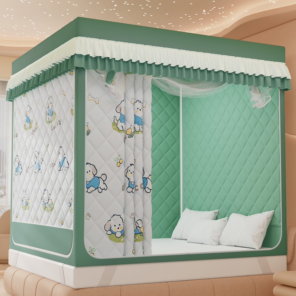 91家纺网 家纺一手货源 找家纺 浪幔纱蚊帐 2025新款卡通印花款夹棉蚊帐 幸运狗