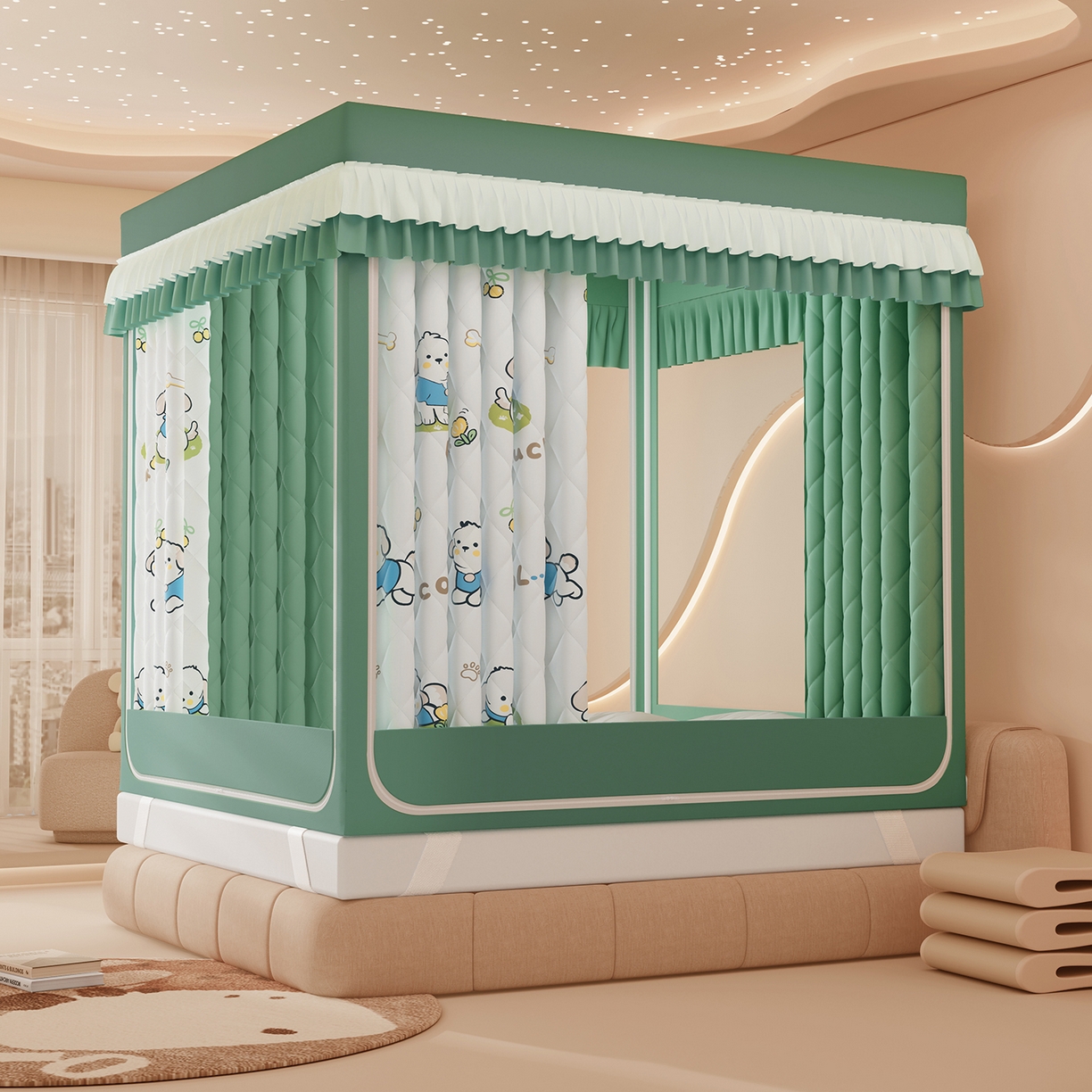 91家纺网 家纺一手货源 找家纺 浪幔纱蚊帐 2025新款卡通印花款夹棉蚊帐 幸运狗