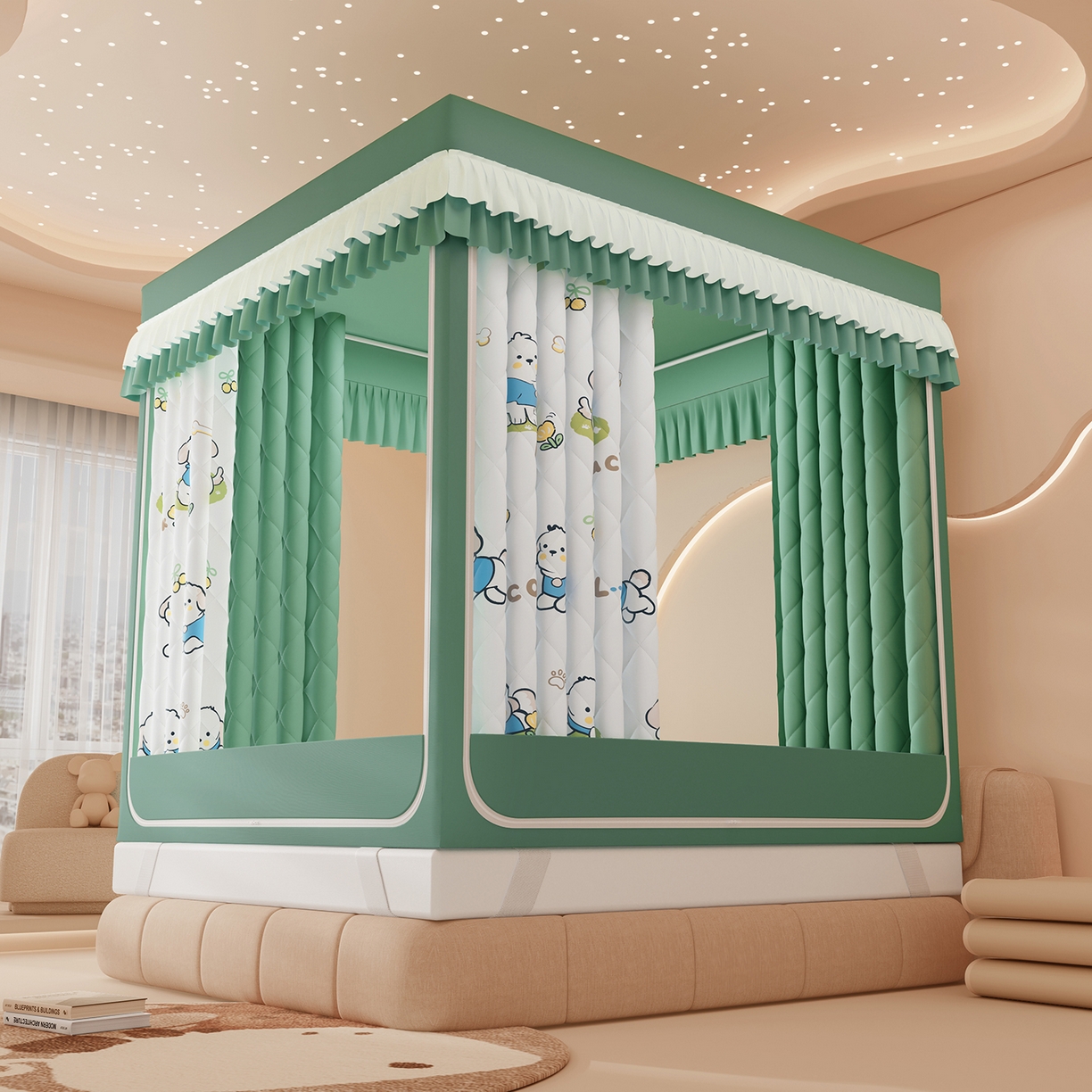 91家纺网 家纺一手货源 找家纺 浪幔纱蚊帐 2025新款卡通印花款夹棉蚊帐 幸运狗