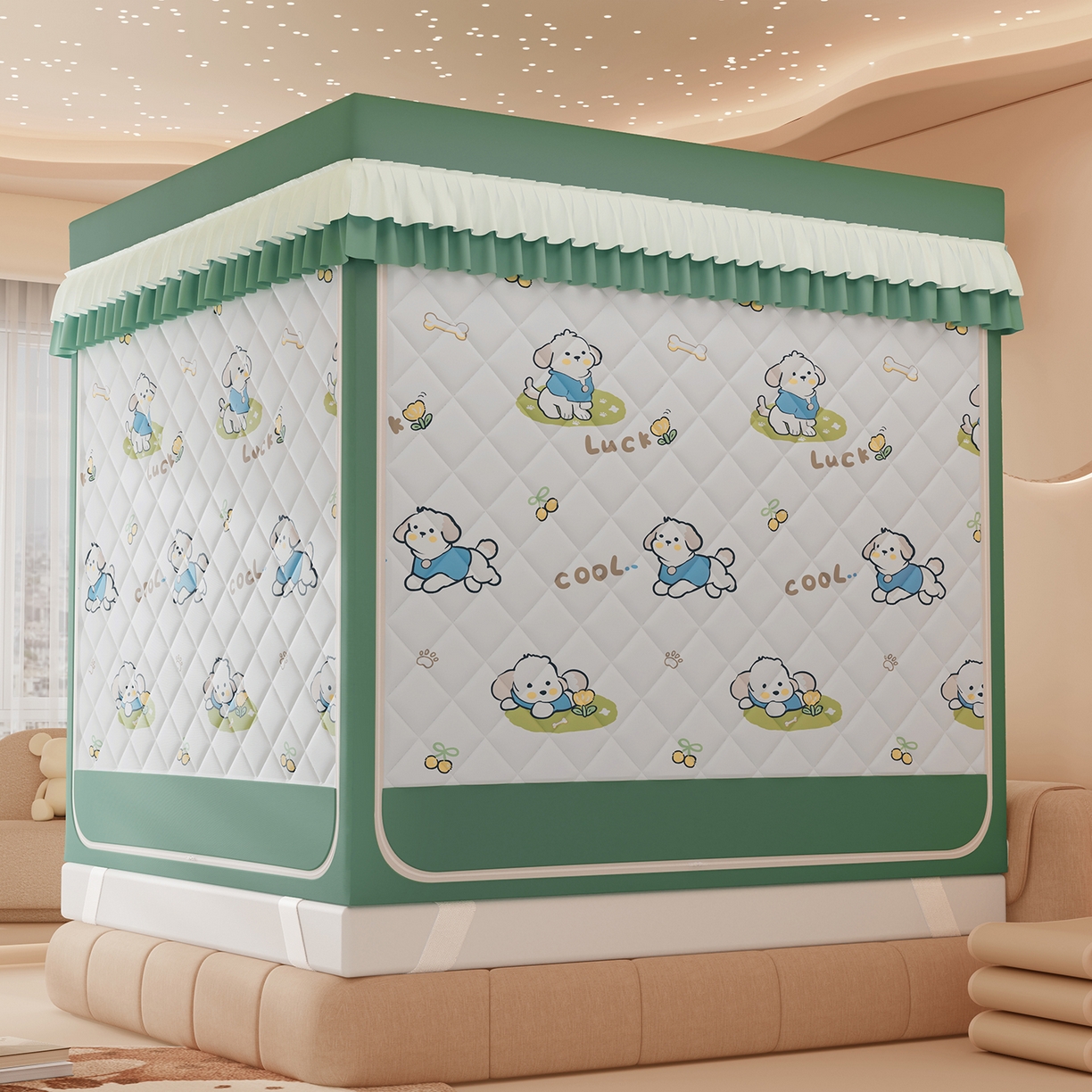 91家纺网 家纺一手货源 找家纺 浪幔纱蚊帐 2025新款卡通印花款夹棉蚊帐 幸运狗