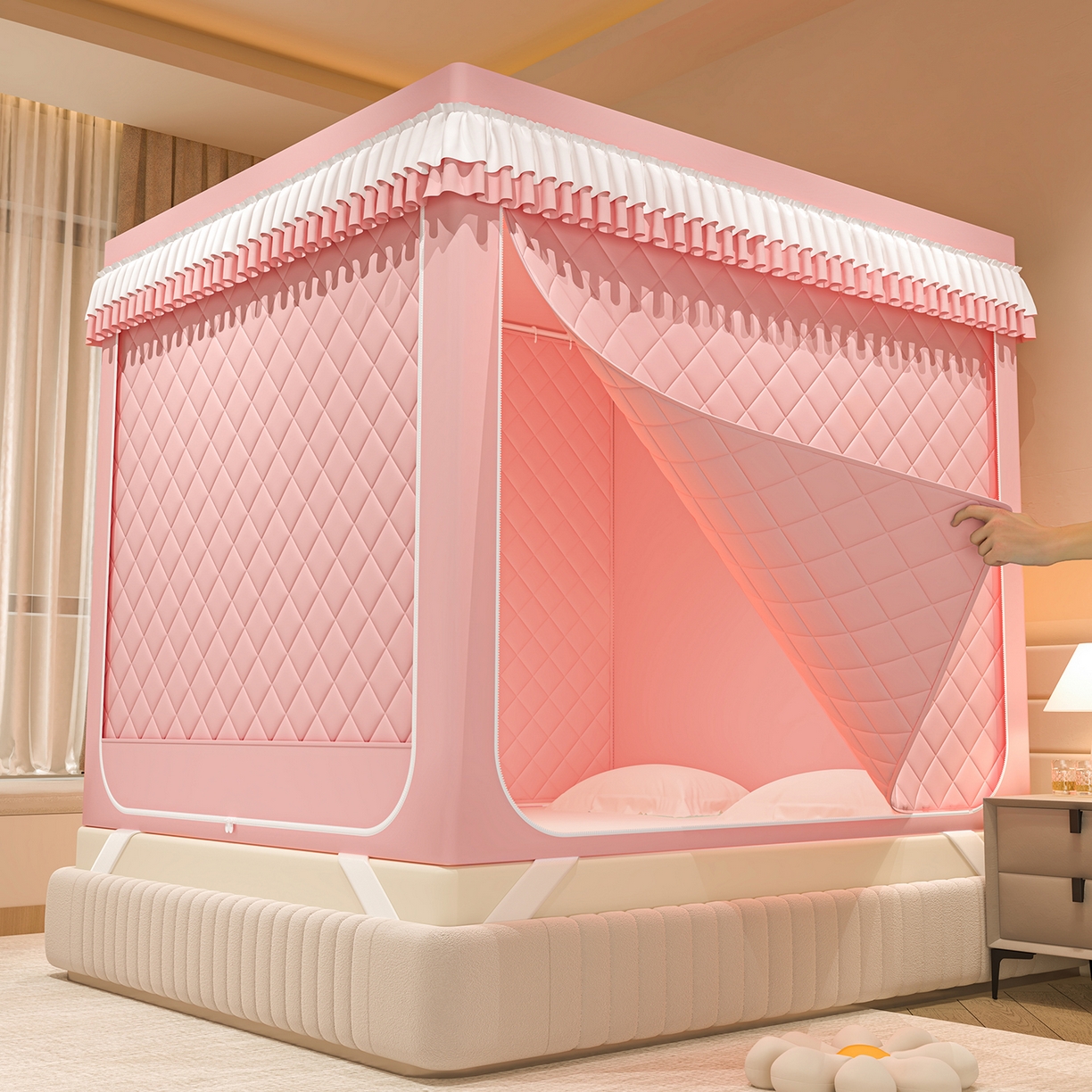 91家纺网 家纺一手货源 找家纺 （总）浪幔纱蚊帐 2025新款A类可拆卸床单全底防摔蚊帐遮光床帘一体式回底拉链坐床蚊帐