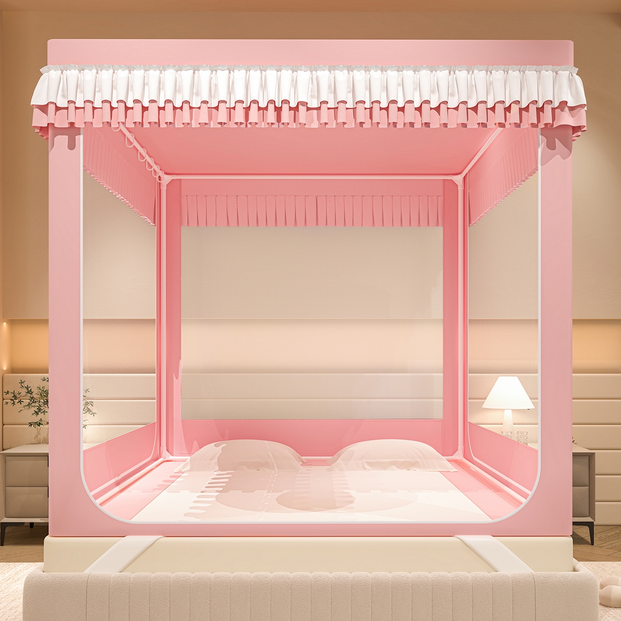 91家纺网 家纺一手货源 找家纺 浪幔纱蚊帐 2025新款纯色夹棉蚊帐 粉色